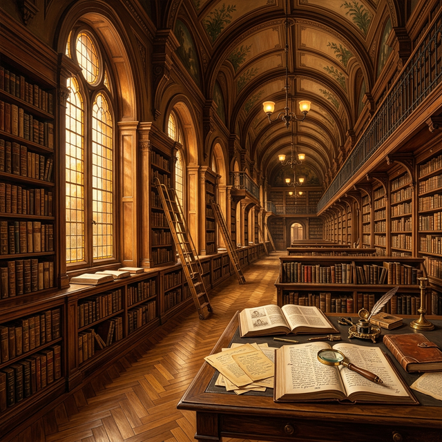 Victorian archive library hall with leather-bound volumes
