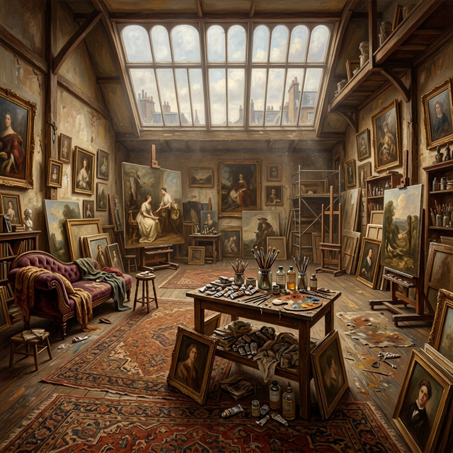 Victorian artist's studio — evocative of Waterhouse's working environment