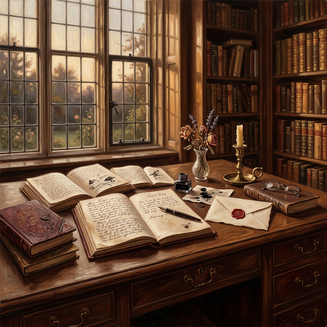 Victorian journals and diaries on a reading desk