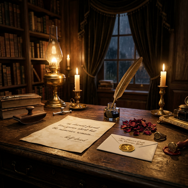 Victorian writing desk with quill and parchment