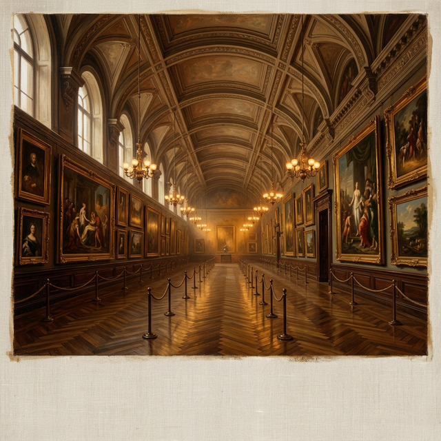 Grand Victorian art gallery with gilt-framed paintings